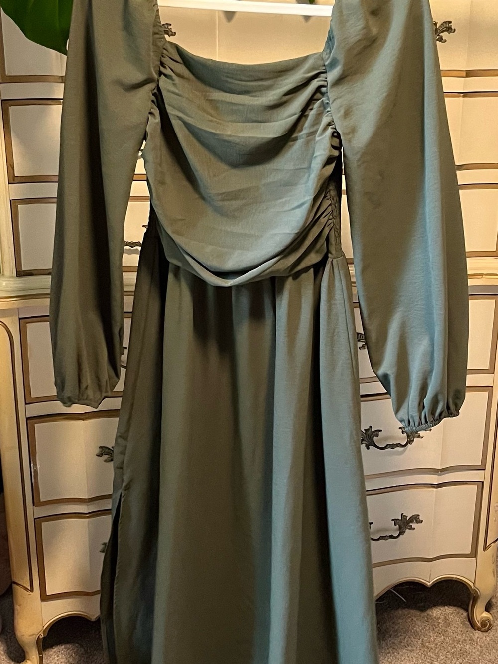 Draped Long-Sleeve Dress in Olive Green